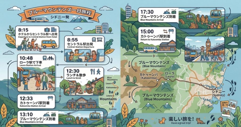 シドニーからブルーマウンテンズへ電車旅のタイムテーブル