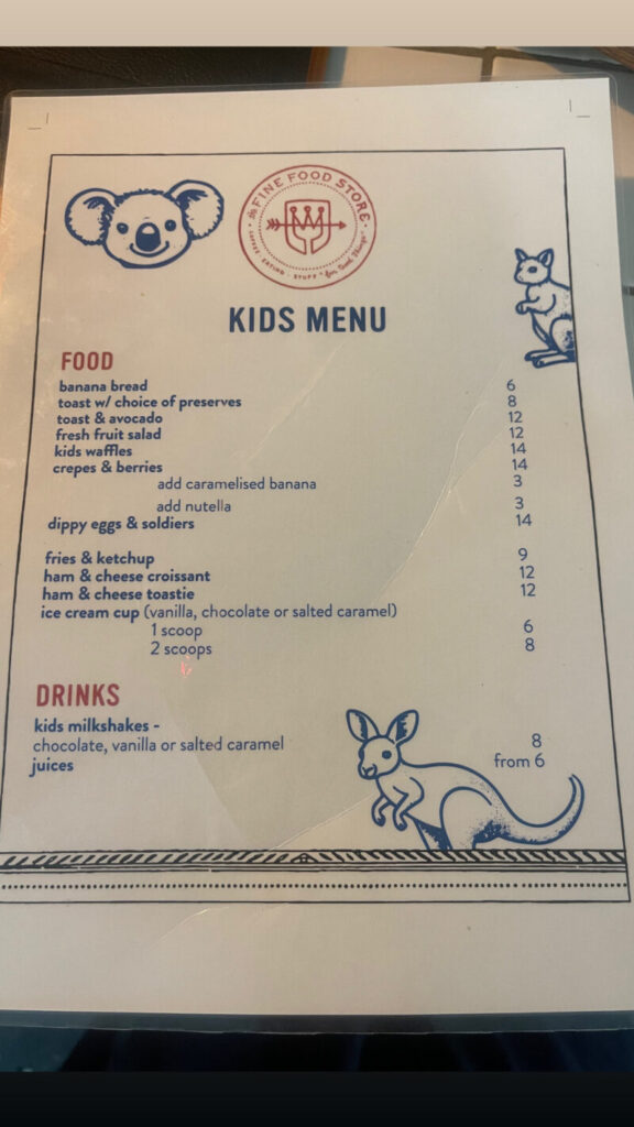 シドニーThe Fine Food Storeのキッズメニュー