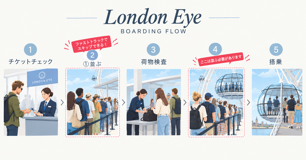 ファストトラック利用時の搭乗の流れ｜最初の列は省略できるが搭乗前の列には並ぶ必要がある図解