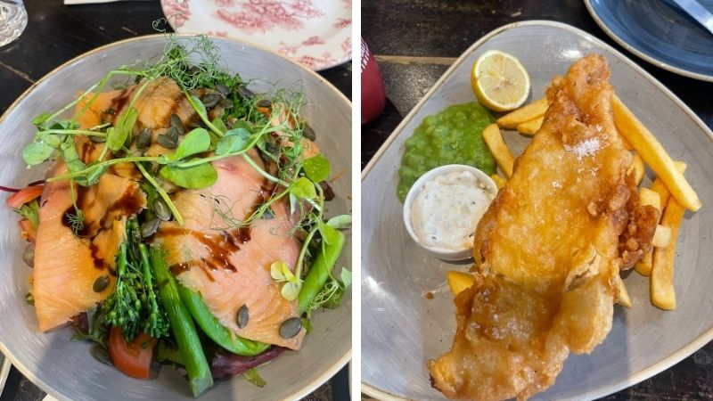 ロンドンのパブで食べたサーモンサラダとフィッシュアンドチップス
