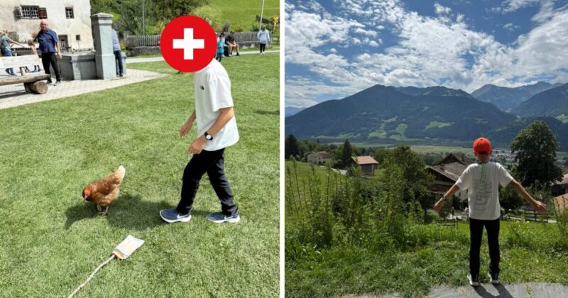 スイス マイエンフェルトにあるハイジ村で見つけた放し飼いのニワトリを追いかける子ども