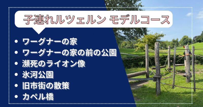 子連れルツェルンのモデルコースは、ワーグナーの家、公園、瀕死のライオン像、氷河公園、旧市街地の散策、カペル橋