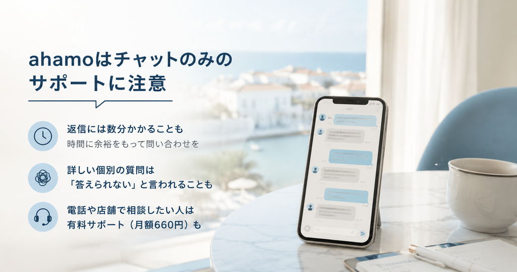 「ahamoはチャットのみのサポートに注意」返信の遅れや有料サポートについて説明したバナー画像