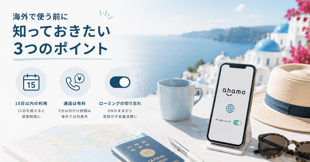 「海外で使う前に知っておきたい3つのポイント」15日以内の利用・通話は有料・ローミングの切り忘れを挙げたバナー画像