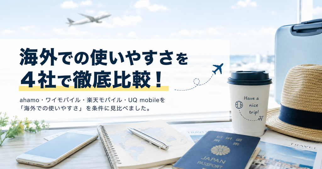 「海外での使いやすさを4社で徹底比較」と書かれたバナー画像。パスポートやノート、コーヒーが並ぶ海外旅行の準備風景