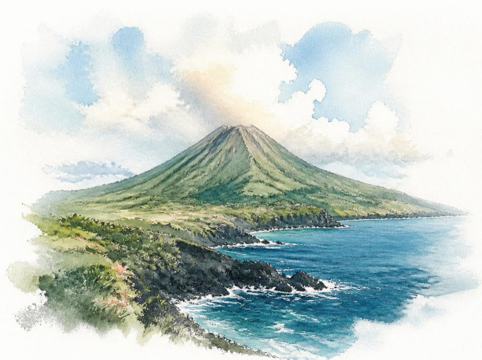 緑の火山島と海の水彩イラスト