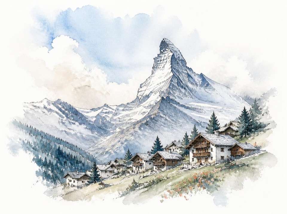 マッターホルンと山あいの村の水彩イラスト